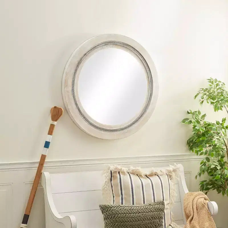 Specchio da parete rotondo in MDF con finitura bianca anticata 34''x34''