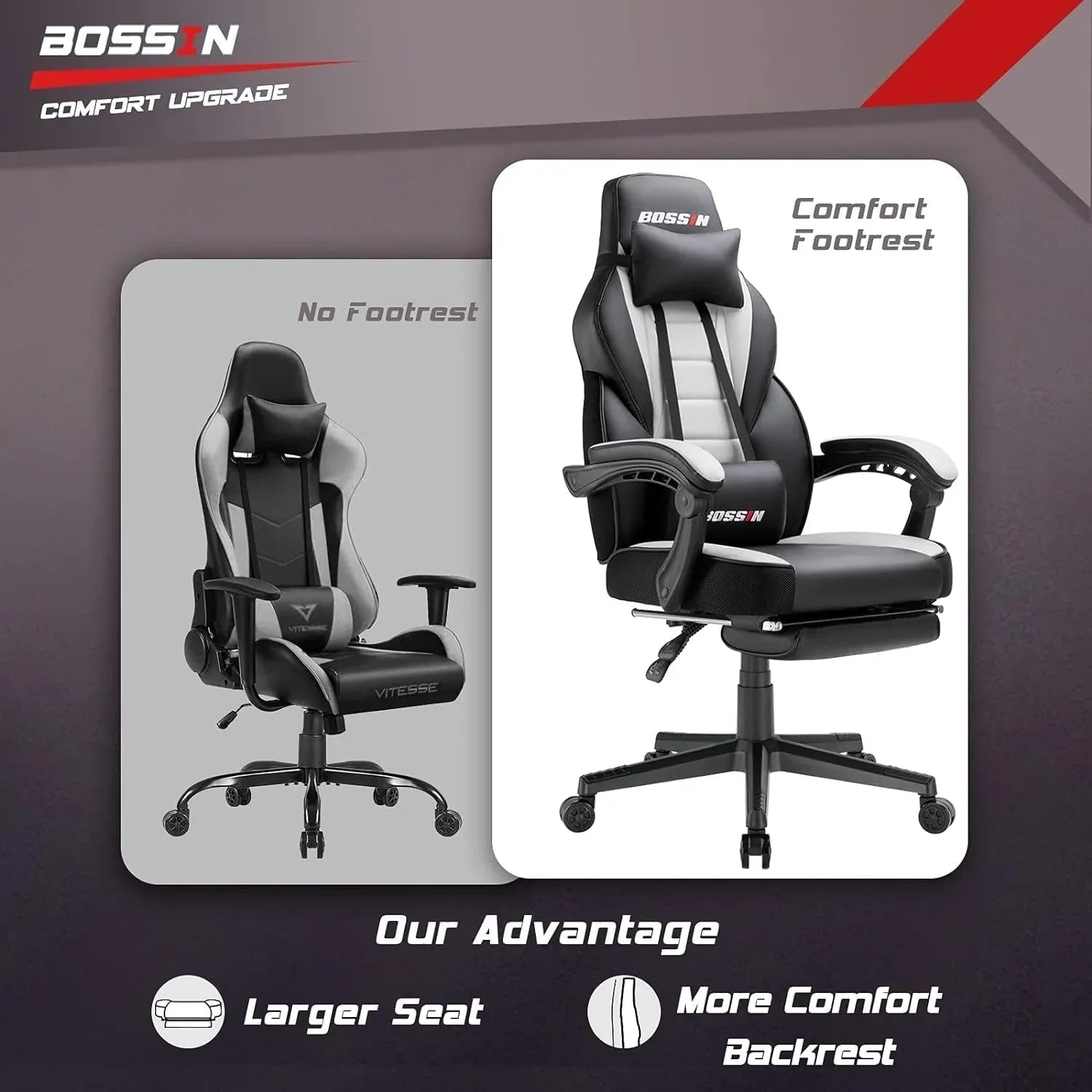 Sedia da gaming BOSSIN Racing Style, sedia da gamer per persone robuste fino a 136 kg, sedia da computer con schienale alto