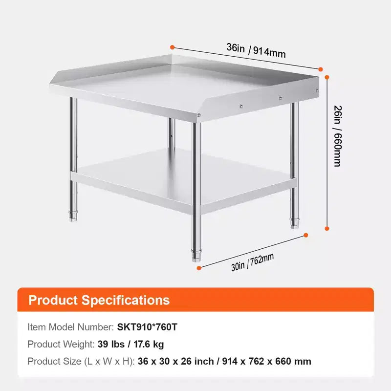 Tavolo da lavoro commerciale in acciaio inossidabile con alzatina su 3 lati 30''x36''x26''