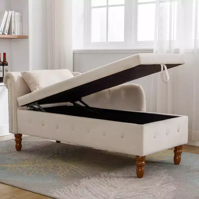 Chaise longue rivestita in velluto con struttura in legno massiccio e contenitore nascosto 148x63x72 cm