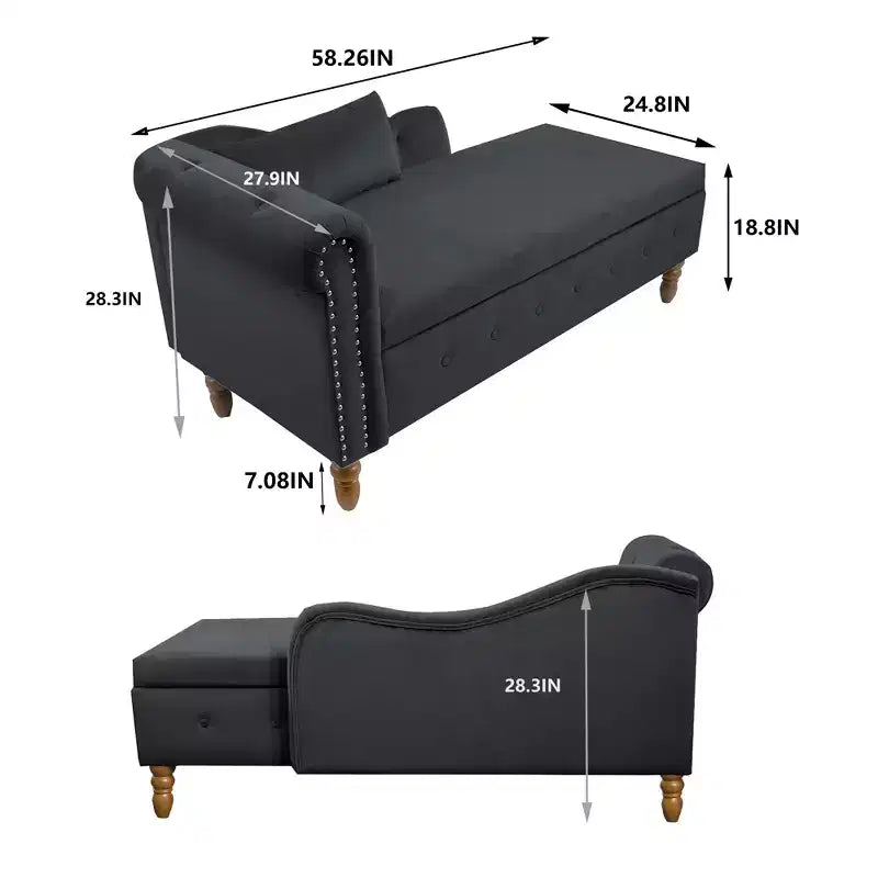 Chaise longue rivestita in velluto con struttura in legno massiccio e contenitore nascosto 148x63x72 cm