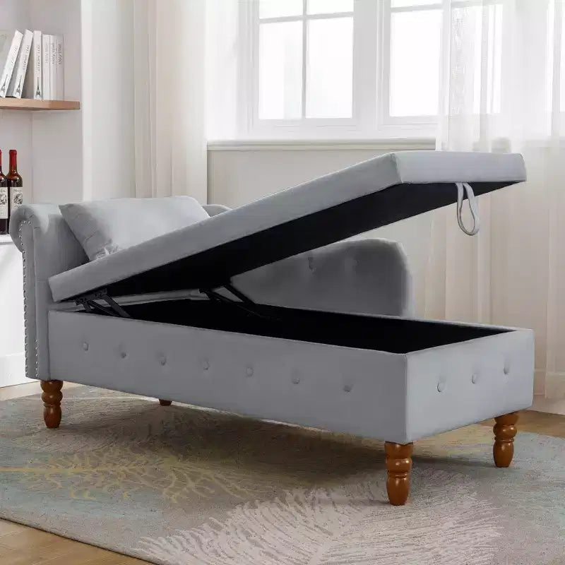 Chaise longue rivestita in velluto con struttura in legno massiccio e contenitore nascosto 148x63x72 cm