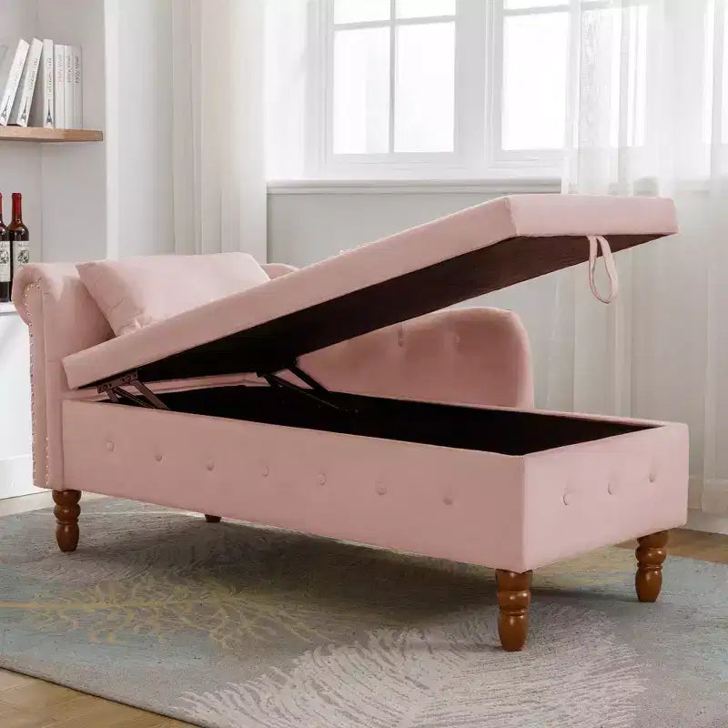 Chaise longue rivestita in velluto con struttura in legno massiccio e contenitore nascosto 148x63x72 cm