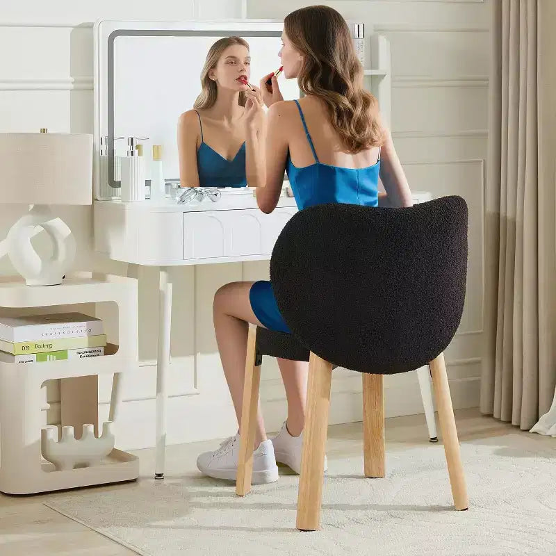 Cute Vanity Chair with Love Backrest, Modern Makeup Vanity Stool Teddy Fabric for Dressing Home Office Bedoom Dinning Room and Living Room