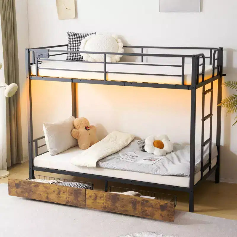Karl Home Twin-over-Twin Metal Bunk Bed with 2 Drawers and Charging Station, LED Light, Black