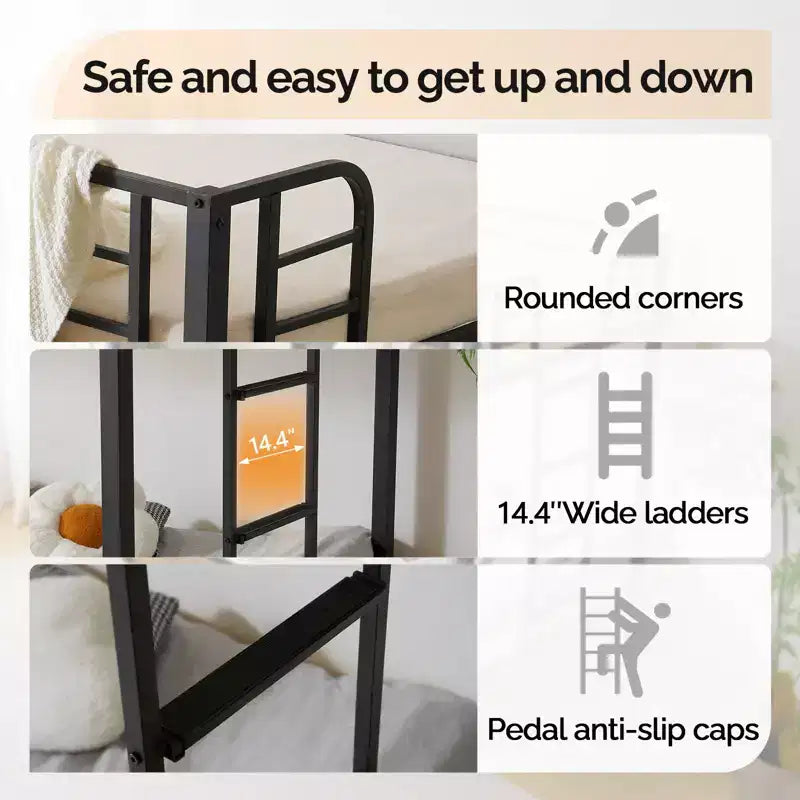 Letto a castello in metallo a due piazze con 2 cassetti e stazione di ricarica, luce LED, nero