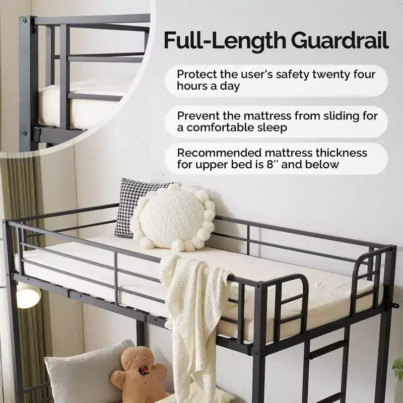 Letto a castello in metallo a due piazze con 2 cassetti e stazione di ricarica, luce LED, nero