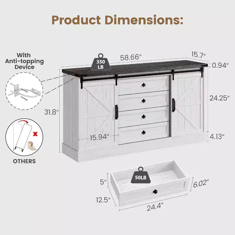 Madia Credenza con Contenitore, Porta TV da Fattoria con Anta Scorrevole a Granaio, Grande Tavolo da Buffet per Sala da Pranzo, Cucina e Soggiorno
