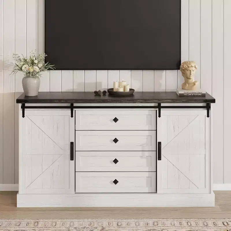 Madia Credenza con Contenitore, Porta TV da Fattoria con Anta Scorrevole a Granaio, Grande Tavolo da Buffet per Sala da Pranzo, Cucina e Soggiorno
