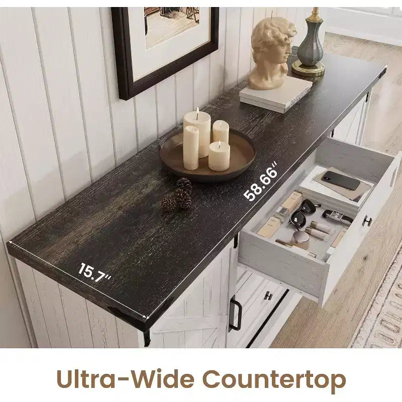 Madia Credenza con Contenitore, Porta TV da Fattoria con Anta Scorrevole a Granaio, Grande Tavolo da Buffet per Sala da Pranzo, Cucina e Soggiorno