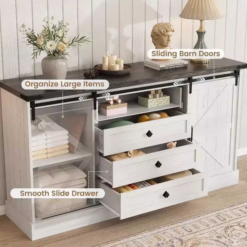 Madia Credenza con Contenitore, Porta TV da Fattoria con Anta Scorrevole a Granaio, Grande Tavolo da Buffet per Sala da Pranzo, Cucina e Soggiorno