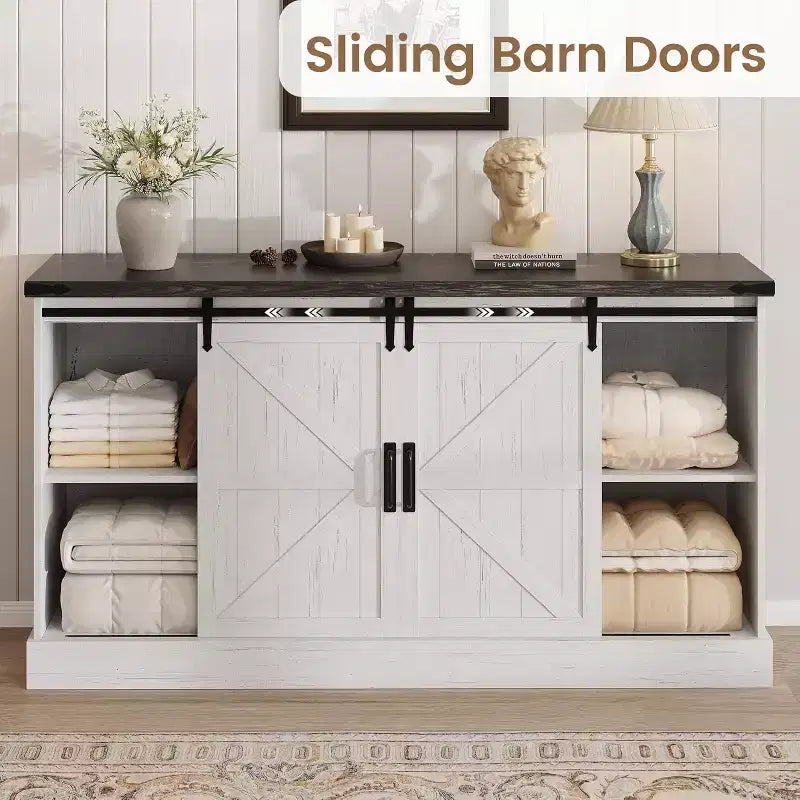 Madia Credenza con Contenitore, Porta TV da Fattoria con Anta Scorrevole a Granaio, Grande Tavolo da Buffet per Sala da Pranzo, Cucina e Soggiorno