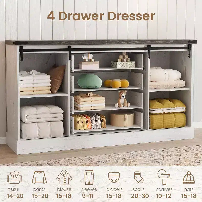 Madia Credenza con Contenitore, Porta TV da Fattoria con Anta Scorrevole a Granaio, Grande Tavolo da Buffet per Sala da Pranzo, Cucina e Soggiorno