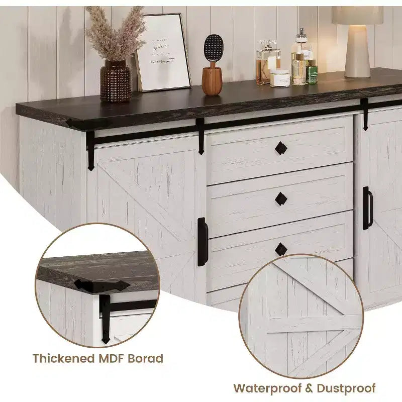 Madia Credenza con Contenitore, Porta TV da Fattoria con Anta Scorrevole a Granaio, Grande Tavolo da Buffet per Sala da Pranzo, Cucina e Soggiorno