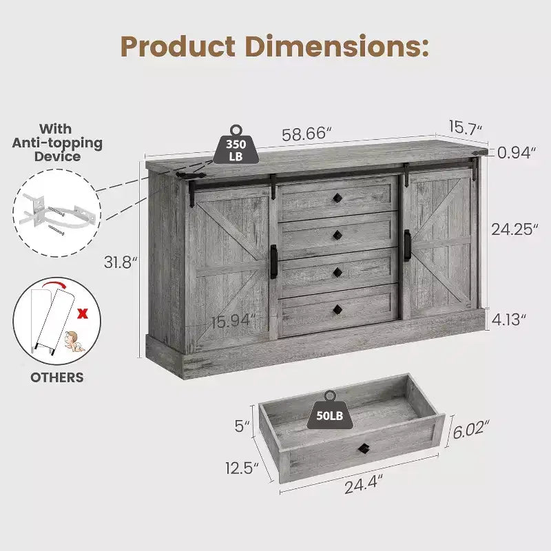 Madia Credenza con Contenitore, Porta TV da Fattoria con Anta Scorrevole a Granaio, Grande Tavolo da Buffet per Sala da Pranzo, Cucina e Soggiorno