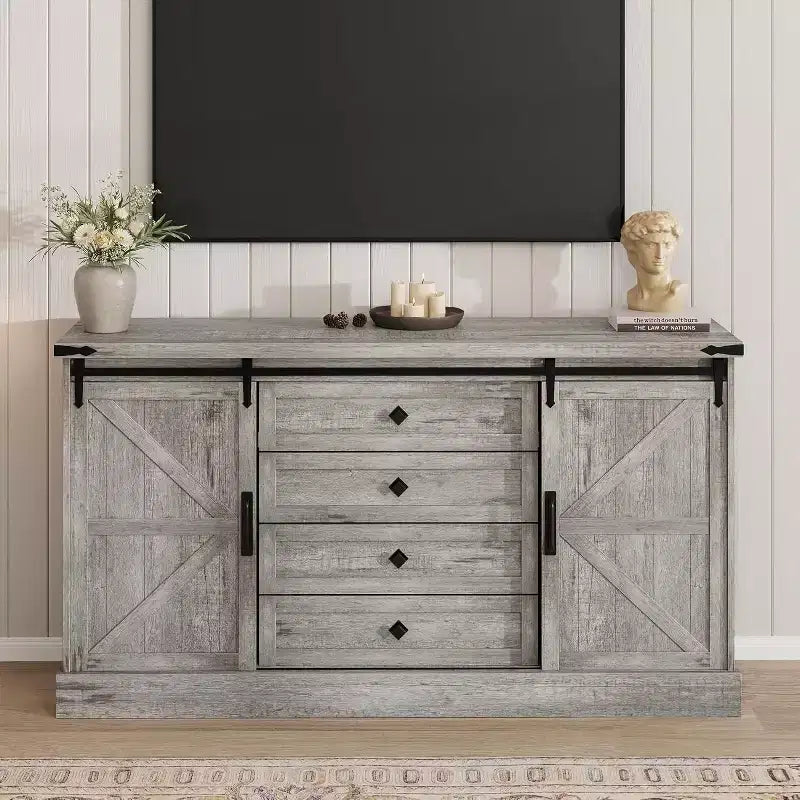 Madia Credenza con Contenitore, Porta TV da Fattoria con Anta Scorrevole a Granaio, Grande Tavolo da Buffet per Sala da Pranzo, Cucina e Soggiorno