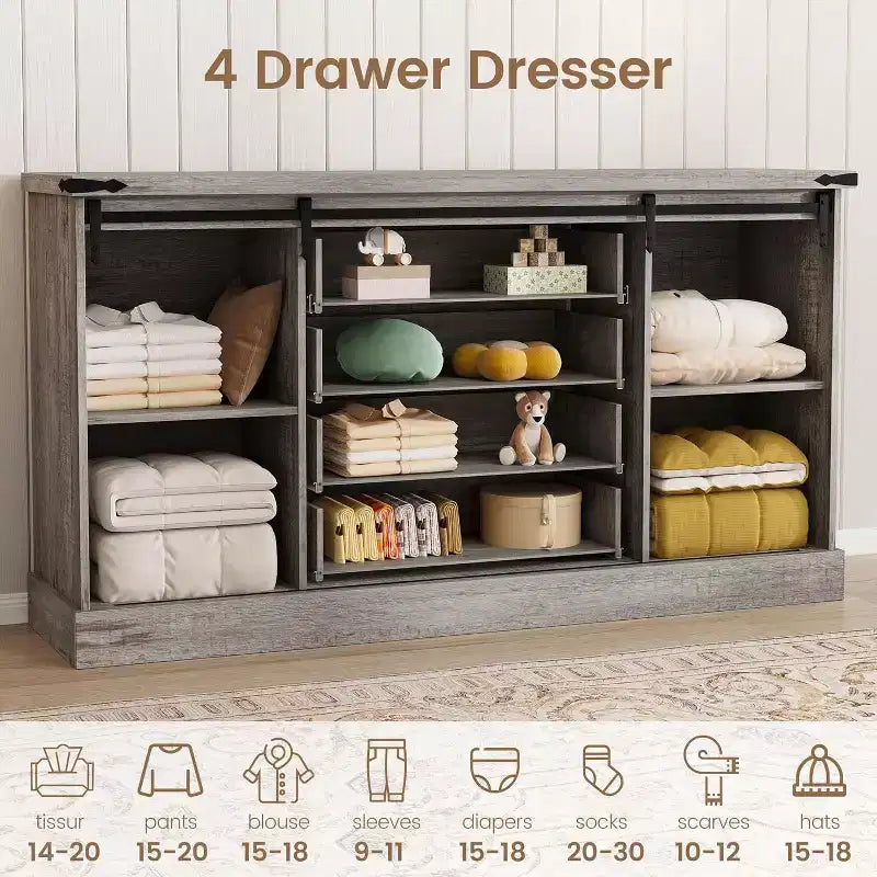 Madia Credenza con Contenitore, Porta TV da Fattoria con Anta Scorrevole a Granaio, Grande Tavolo da Buffet per Sala da Pranzo, Cucina e Soggiorno