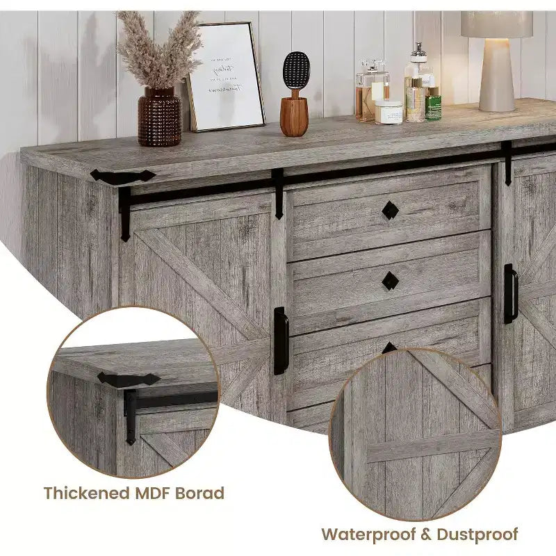Madia Credenza con Contenitore, Porta TV da Fattoria con Anta Scorrevole a Granaio, Grande Tavolo da Buffet per Sala da Pranzo, Cucina e Soggiorno