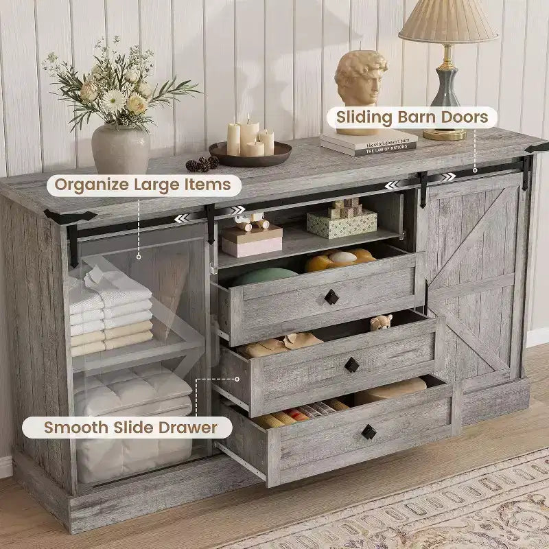 Madia Credenza con Contenitore, Porta TV da Fattoria con Anta Scorrevole a Granaio, Grande Tavolo da Buffet per Sala da Pranzo, Cucina e Soggiorno