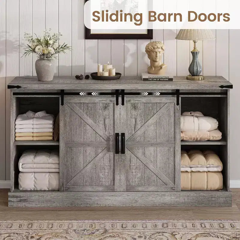 Madia Credenza con Contenitore, Porta TV da Fattoria con Anta Scorrevole a Granaio, Grande Tavolo da Buffet per Sala da Pranzo, Cucina e Soggiorno