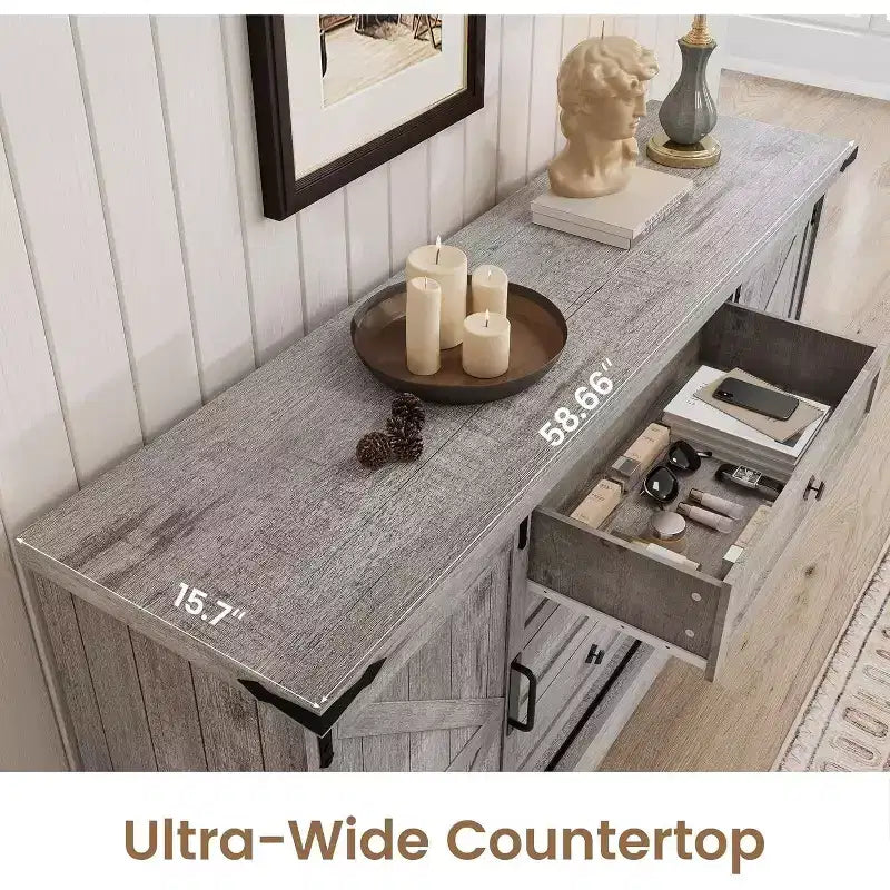 Madia Credenza con Contenitore, Porta TV da Fattoria con Anta Scorrevole a Granaio, Grande Tavolo da Buffet per Sala da Pranzo, Cucina e Soggiorno