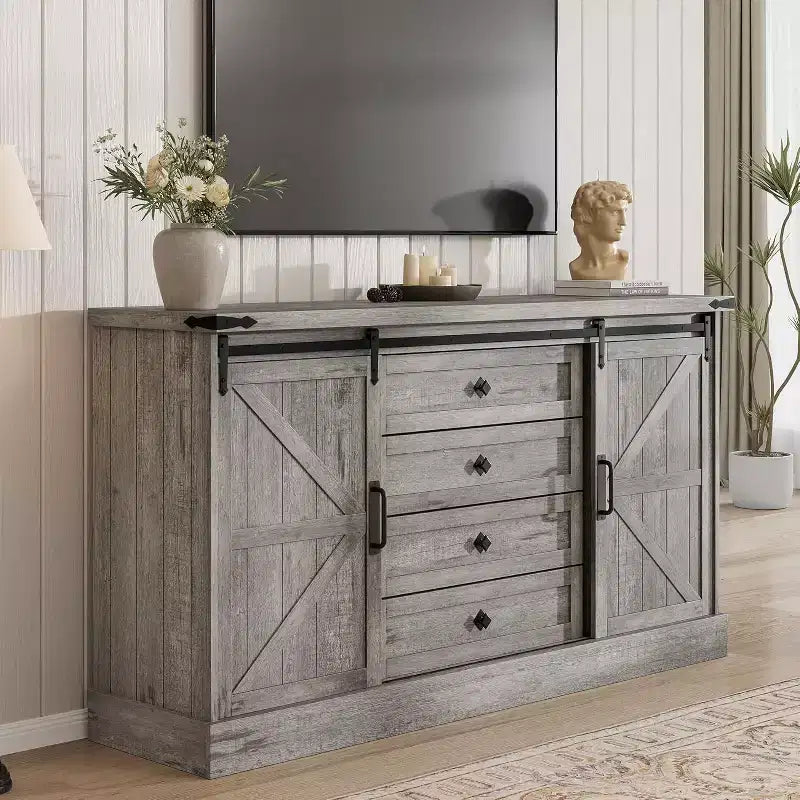 Madia Credenza con Contenitore, Porta TV da Fattoria con Anta Scorrevole a Granaio, Grande Tavolo da Buffet per Sala da Pranzo, Cucina e Soggiorno