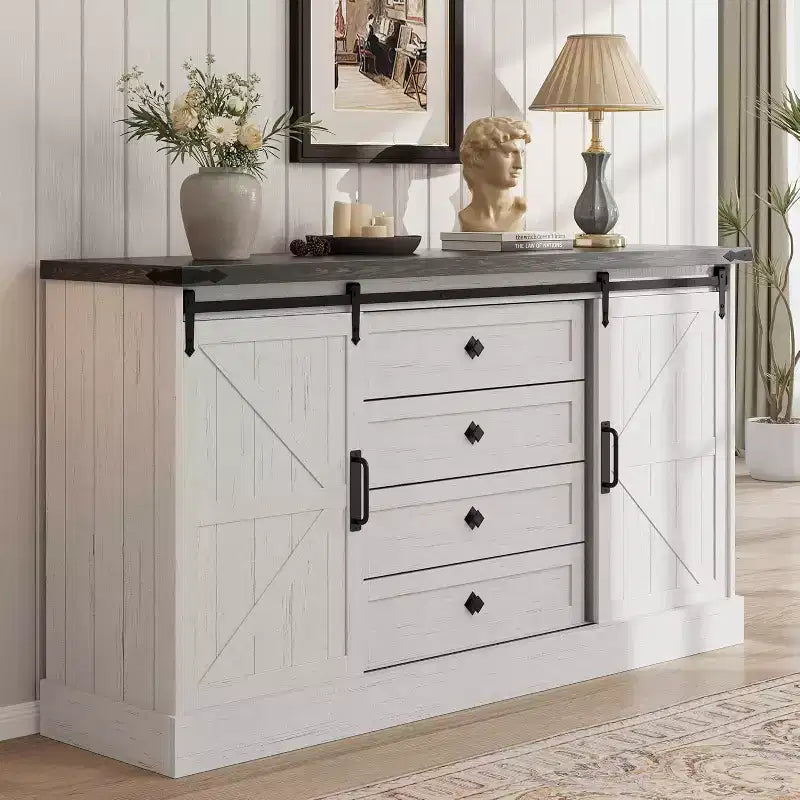 Sideboard Buffet Cabinet with Storage, Farmhouse TV Stand w/Sliding Barn Door, Large Buffet Table for Dining Room, Kitchen and Living Room
