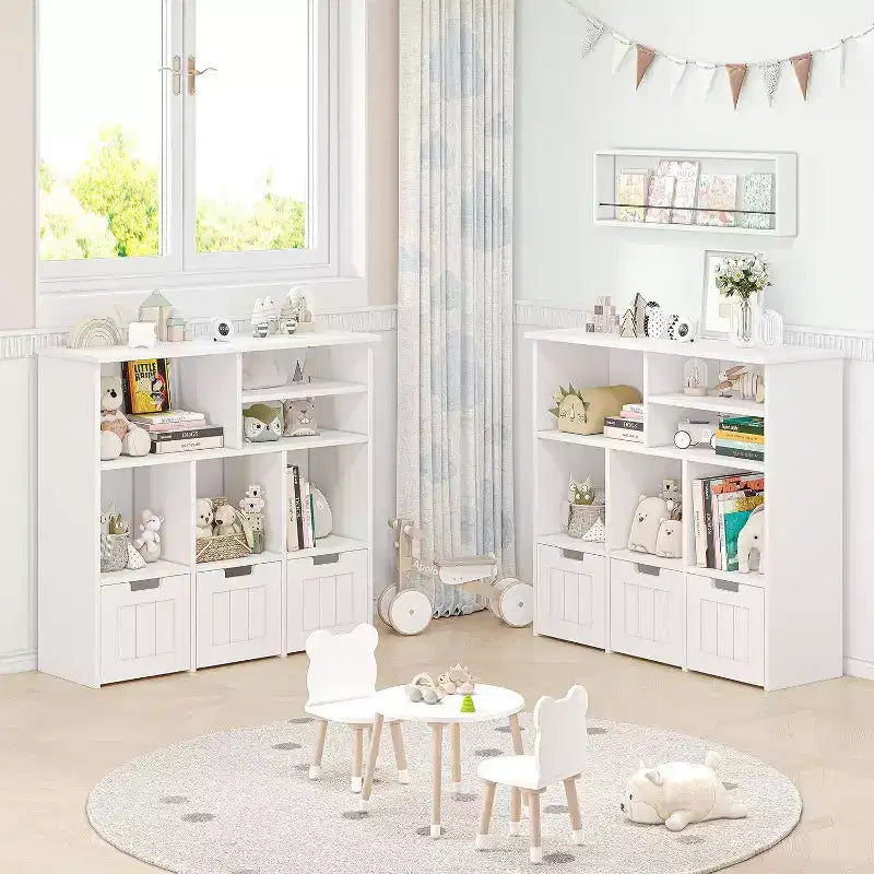 Libreria per bambini e mobiletto portagiochi con 3 cassetti e 6 scomparti