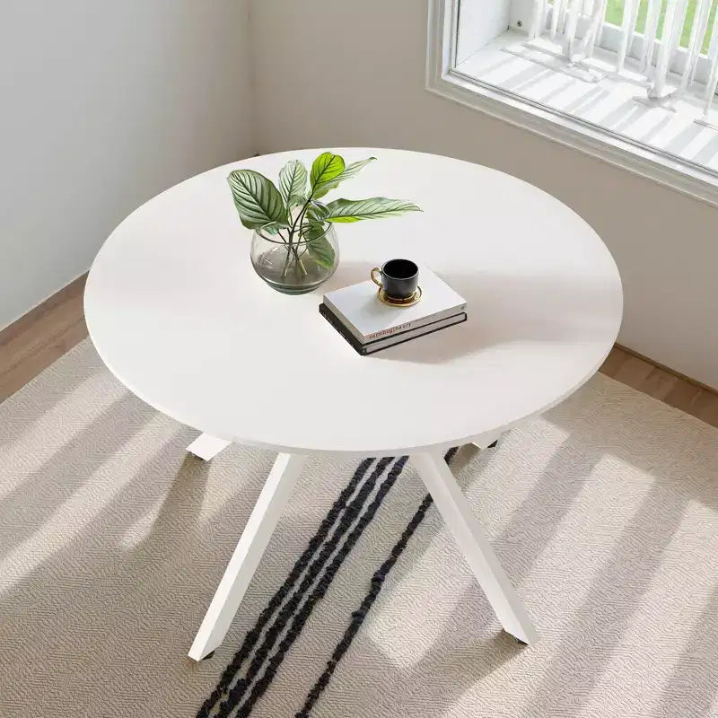 MAYEERTY 47in Round Wooden Dining Table Metal Frame Fits 4-6 People for Kitchen Dining Living Room White
