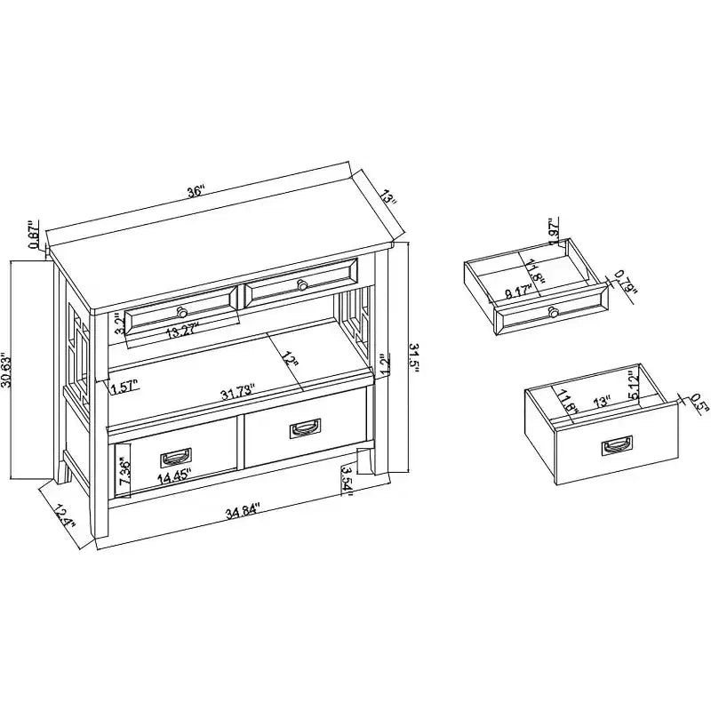 Consolle da 36 pollici, Ingresso Stile Rustico, Credenza a buffet in legno massello, Tavolo da divano con 4 cassetti e 1 ripiano per ingresso, corridoio o cucina