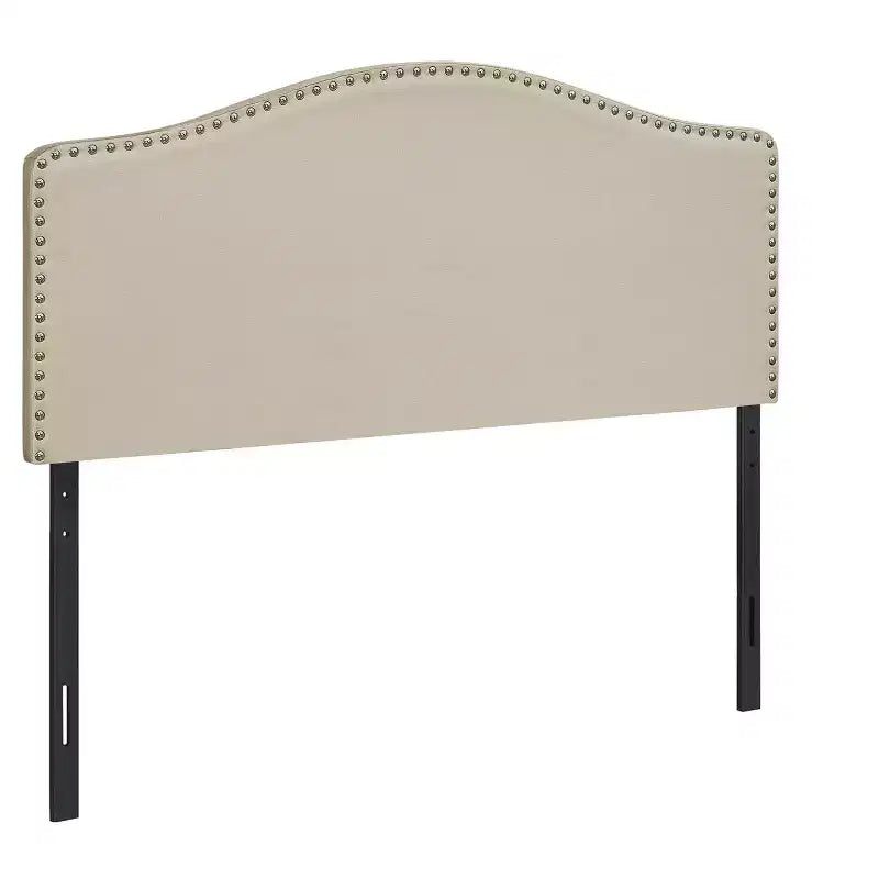 HomeRoots Beige Linen Blend Upholstered Arched Full Headboard With Nail Head Trim