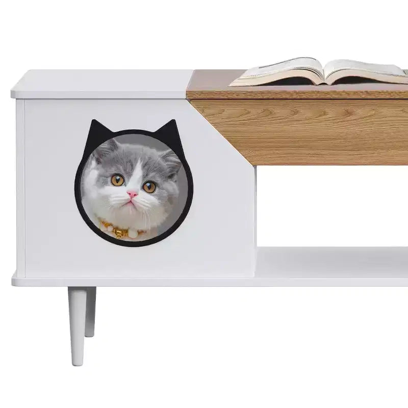 Tavolino da Caffè Nero 45'' Tavoli per Gatti Soggiorno con Cassetto Portaoggetti, Tavolini da Caffè Rustici in Legno con Casetta per Gatti