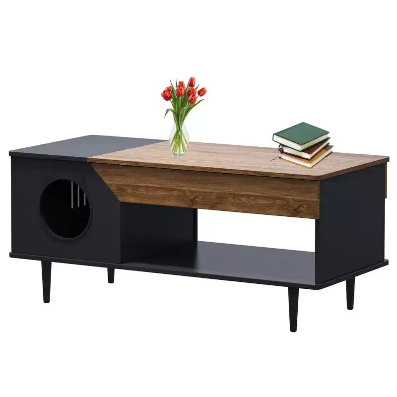 Tavolino da Caffè Nero 45'' Tavoli per Gatti Soggiorno con Cassetto Portaoggetti, Tavolini da Caffè Rustici in Legno con Casetta per Gatti