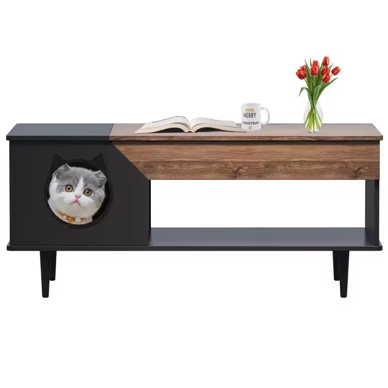 Tavolino da Caffè Nero 45'' Tavoli per Gatti Soggiorno con Cassetto Portaoggetti, Tavolini da Caffè Rustici in Legno con Casetta per Gatti
