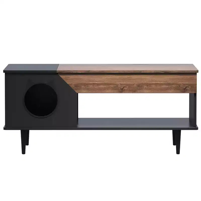Tavolino da Caffè Nero 45'' Tavoli per Gatti Soggiorno con Cassetto Portaoggetti, Tavolini da Caffè Rustici in Legno con Casetta per Gatti