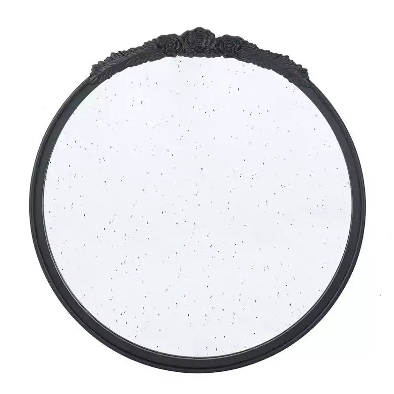 HomeRoots 30 Black Crowned Top Antiqued Glass Round Framed Accent Mirror