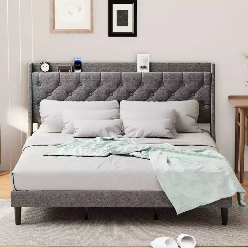 King Upholstered Bed Frame with Wingback Headboard, Linen Upholstery - Deep Button Tufted, Storage Shelf