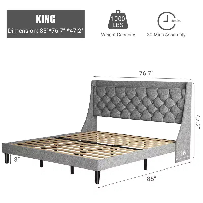 Struttura letto King imbottita con testiera a giorno, rivestimento in lino - con bottoni capitonné, ripiano portaoggetti