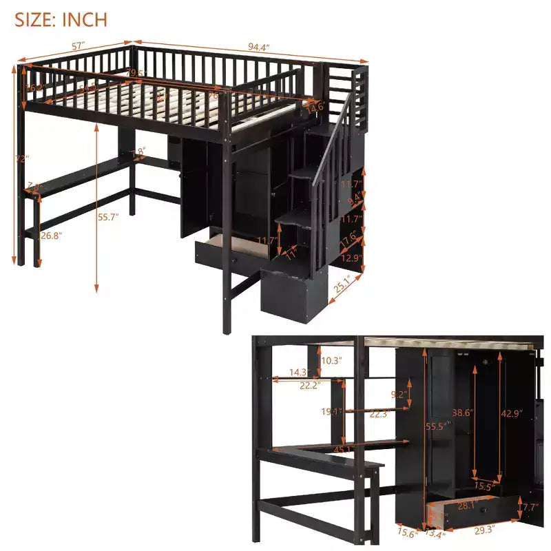 Letto a soppalco full size con armadio e scrivania integrata, telaio per letto a soppalco alto in legno massello con scaletta e libreria portaoggetti per bambini