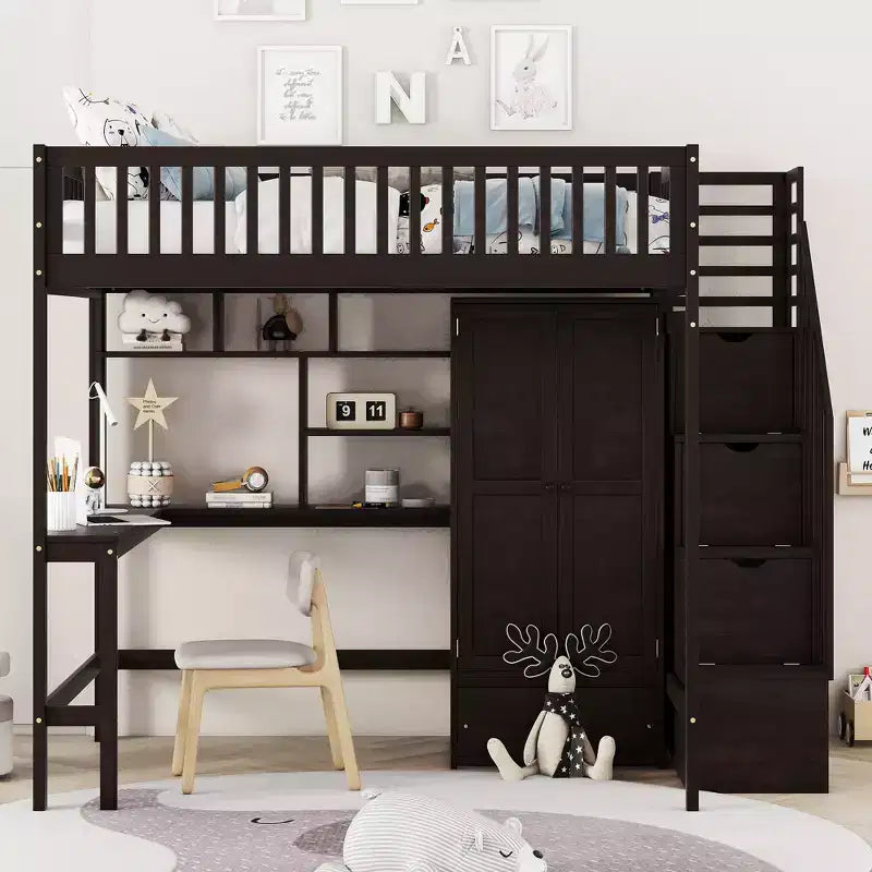 Letto a soppalco full size con armadio e scrivania integrata, telaio per letto a soppalco alto in legno massello con scaletta e libreria portaoggetti per bambini