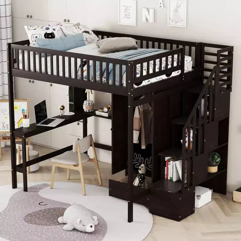 Letto a soppalco full size con armadio e scrivania integrata, telaio per letto a soppalco alto in legno massello con scaletta e libreria portaoggetti per bambini