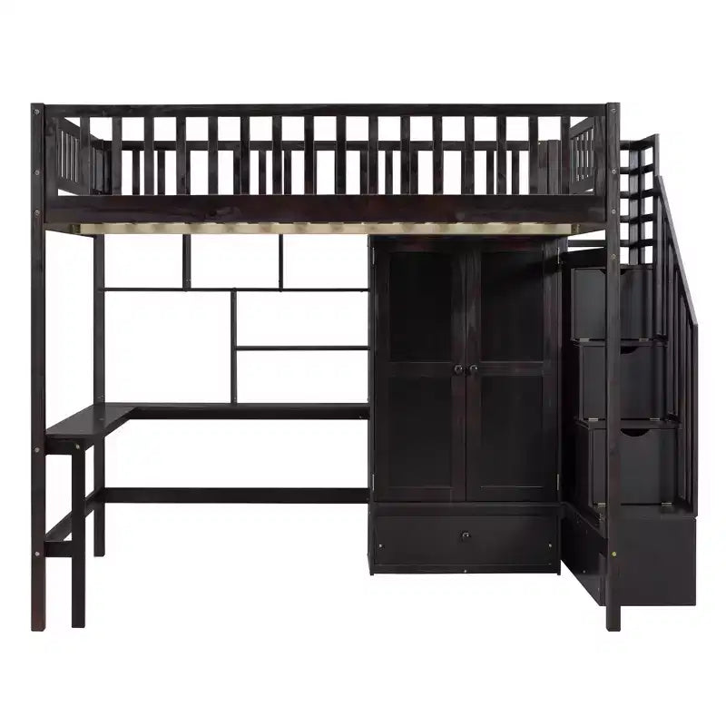 Letto a soppalco full size con armadio e scrivania integrata, telaio per letto a soppalco alto in legno massello con scaletta e libreria portaoggetti per bambini