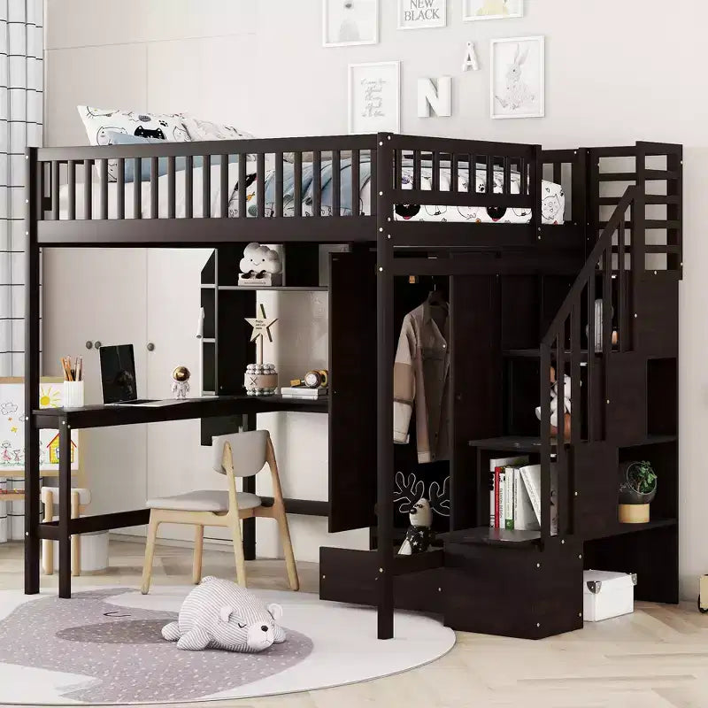 Full Size Loft Bed with Wardrobe and Built-in Desk, Solid Wood High Staircase Loft Bed Frame with Storage Bookshelf for Kids
