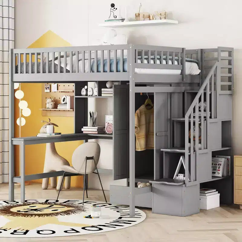 Letto a soppalco full size con armadio e scrivania integrata, telaio per letto a soppalco alto in legno massello con scaletta e libreria portaoggetti per bambini