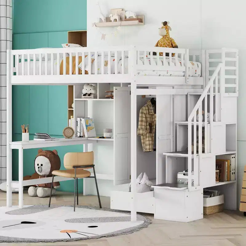 Letto a soppalco full size con armadio e scrivania integrata, telaio per letto a soppalco alto in legno massello con scaletta e libreria portaoggetti per bambini
