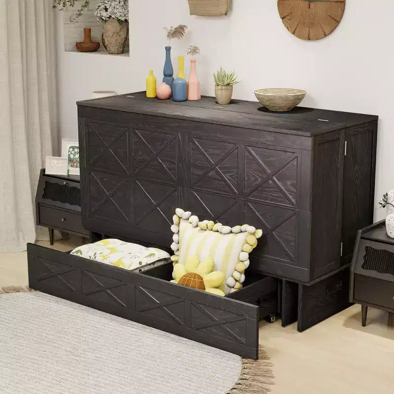 Letto a scomparsa Queen con telaio in legno massello, cassetti e caricatore integrato 62,05''x39,76''