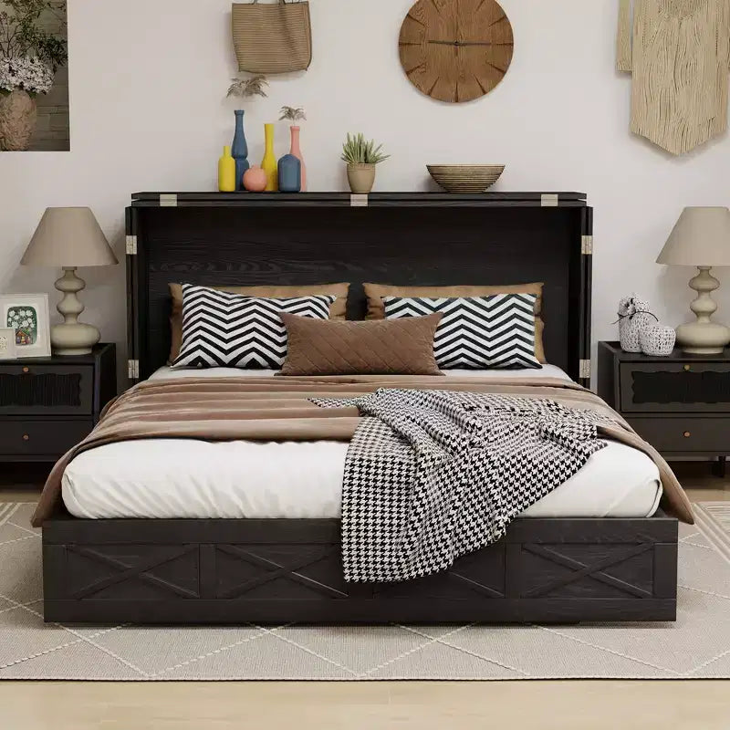 Letto a scomparsa Queen con telaio in legno massello, cassetti e caricatore integrato 62,05''x39,76''