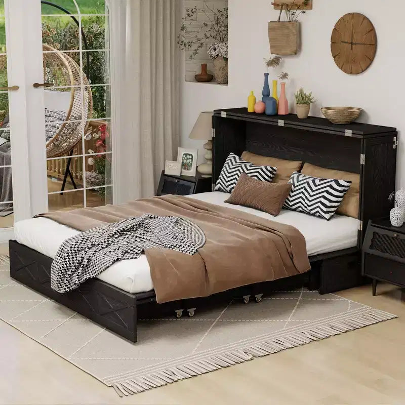 Letto a scomparsa Queen con telaio in legno massello, cassetti e caricatore integrato 62,05''x39,76''