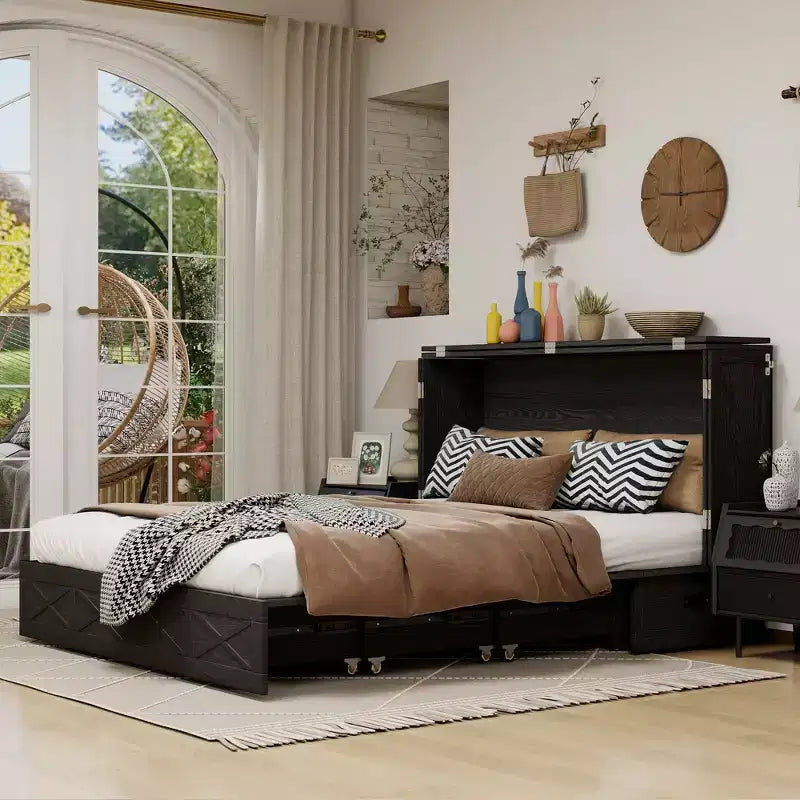 Letto a scomparsa Queen con telaio in legno massello, cassetti e caricatore integrato 62,05''x39,76''