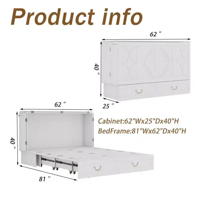 Letto a scomparsa Queen con telaio in legno massello, cassetti e caricatore integrato 62,05''x39,76''